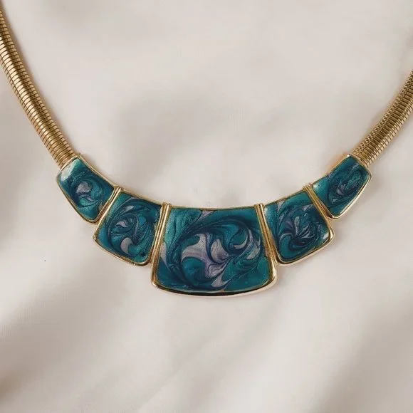 Vintage Art Deco Blue Swirl Enamel Gold Collar Omega Chain Statement Necklace - Picture 2 of 8
